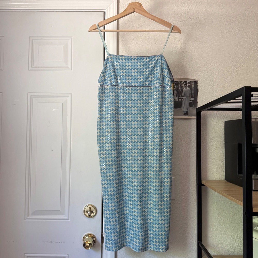 DORI blue white vintage houndstooth plaid glitter sequin babydoll midi dress